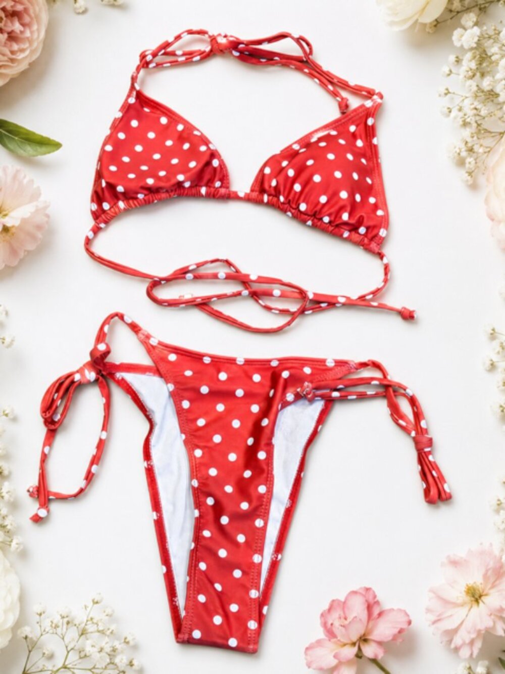 Red & White Polka Dot String Bikini With Two Bottoms NWT Small